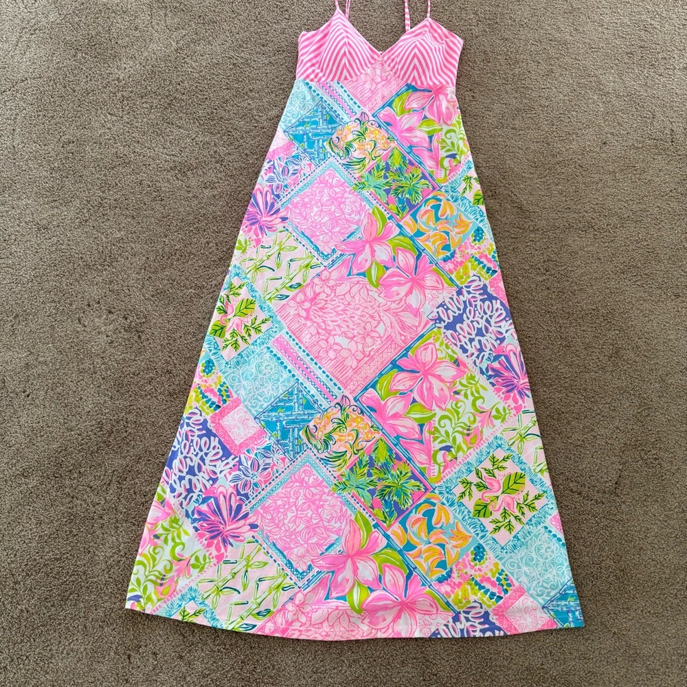 Lilly Pulitzer Maldives Pink and Blue Patchwork Maxi Dress